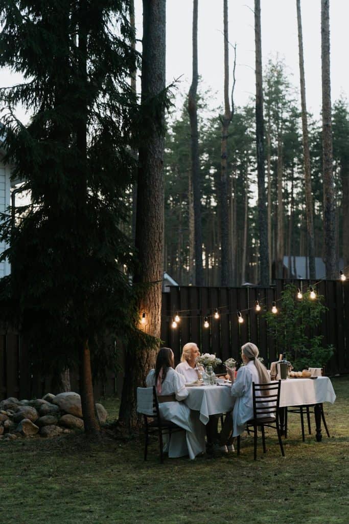 Charming outdoor dinner scene with friends in a serene forest setting under string lights.